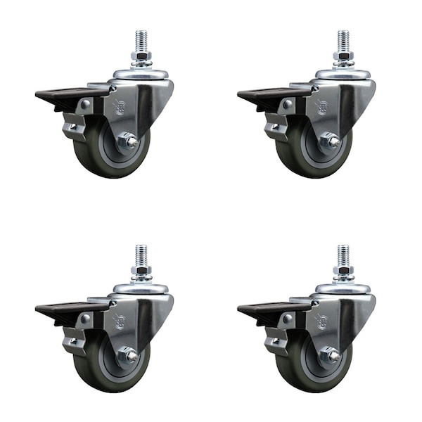 3 Inch Gray Polyurethane 10 MM Threaded Stem Caster Set with Brake